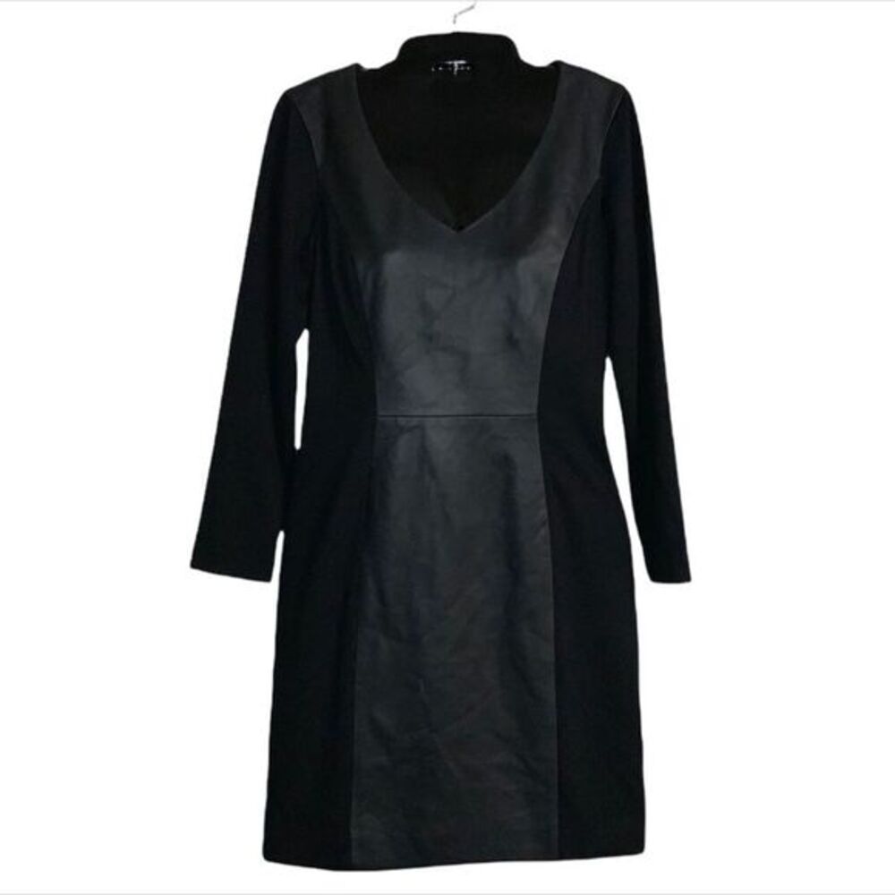 Vakko Black Leather Panel Dress Long Sleeve V Neck size 4